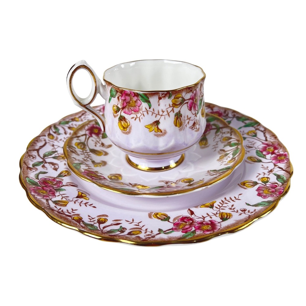 Vintage 50's Rosina Bone China England Floral Pink Blue Teacup Saucer Plate Trio